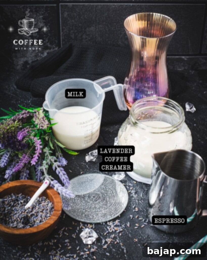 Lavender Dream Iced Latte 2 Lavender Iced Latte Ingredients - Espresso, Milk, Lavender Creamer, Ice, Lavender Buds