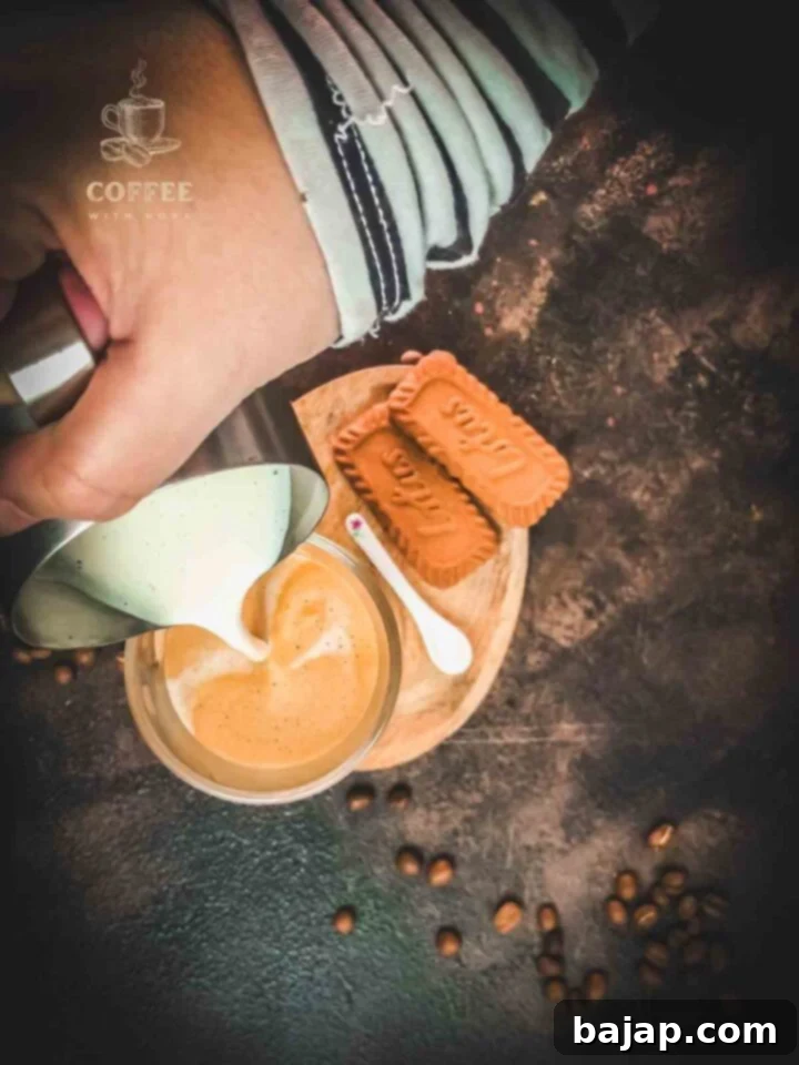 Biscoff Latte: A Simple Guide to Coffee Bliss 5 Pouring Biscoff milk into espresso