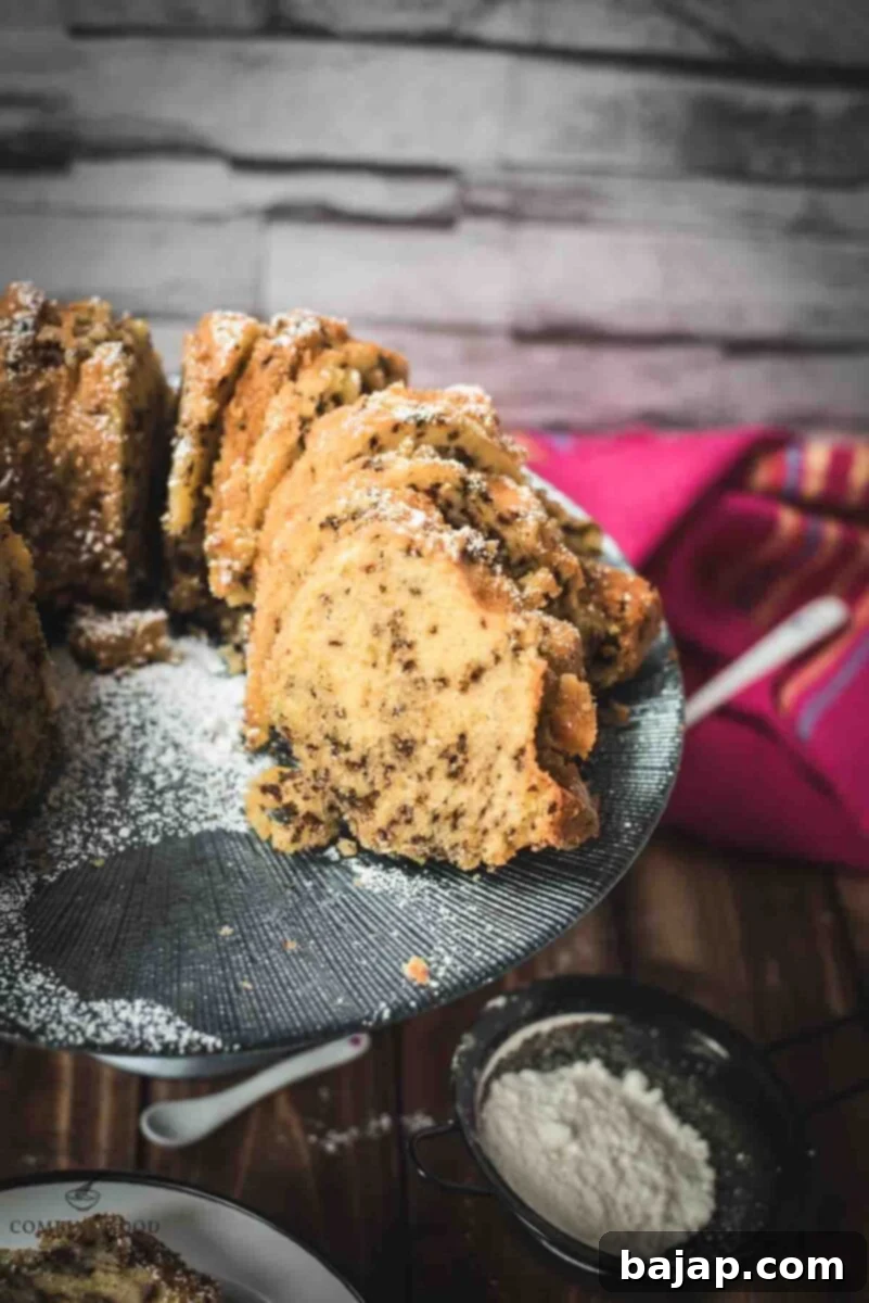 Vanilla Bean Bundt Cake with Dark Chocolate Drizzle 4 Delicious vanilla bundt cake with chocolate sprinkles, served on light blue cake stand.