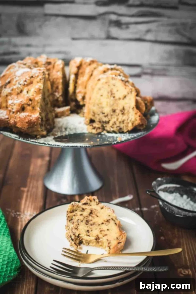 Vanilla Bean Bundt Cake with Dark Chocolate Drizzle 5 Delicious vanilla bundt cake with chocolate sprinkles, served on light blue cake stand.